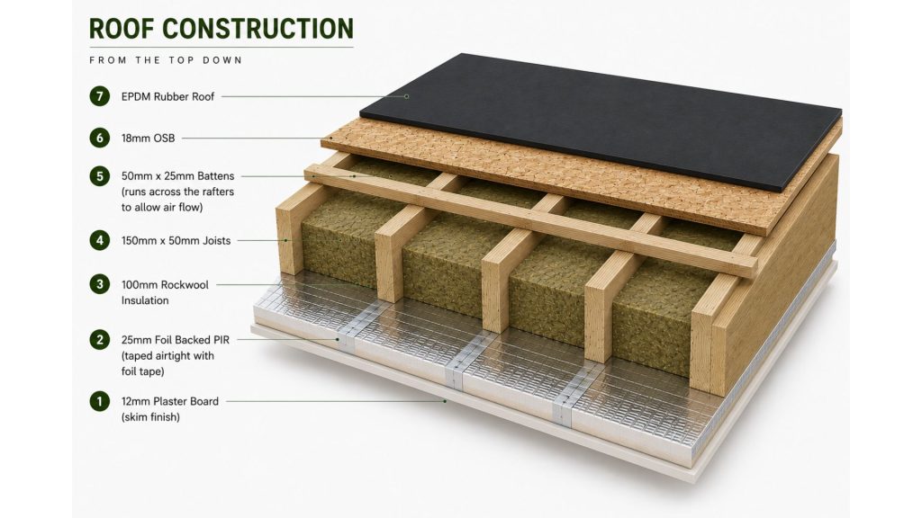 Roof construction diagram for insulated garden rooms